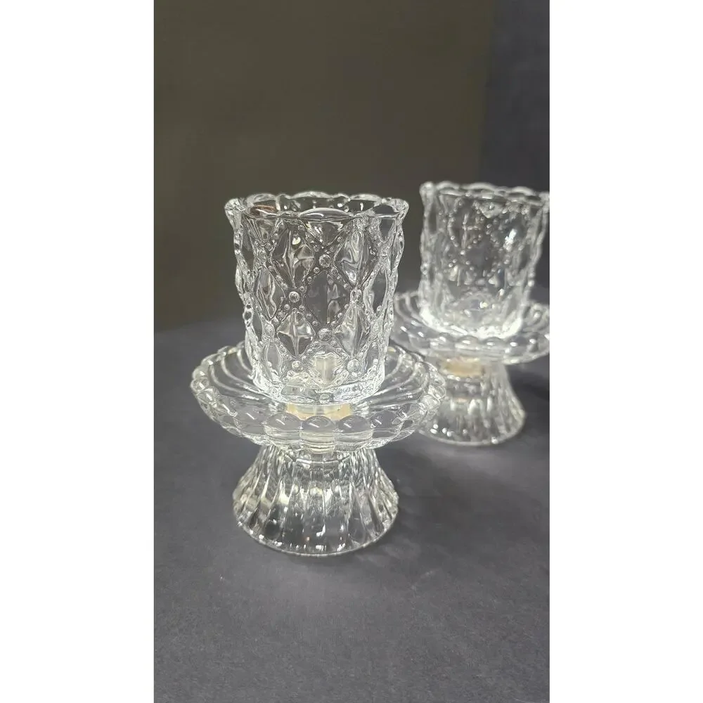 PartyLite Clear Glass Quilted Tealight Votive Candle Holders Pair Small Pedestal